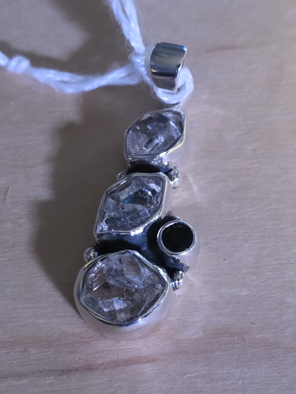 Sterling Silver Clear Herkimer Crystal  With Black Onyx Drop Pendant